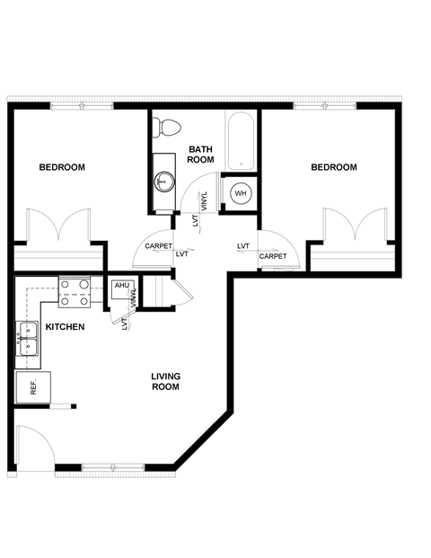 Floor plan for 2 beds, 1 bath, 620 sqft